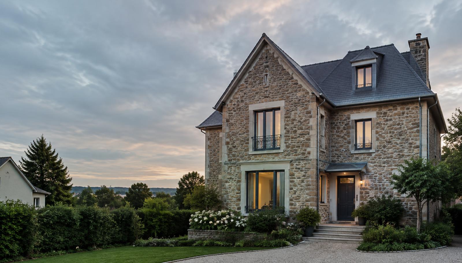 Maison en meulière avec toiture en ardoise rénovée dans le Val-d'Oise